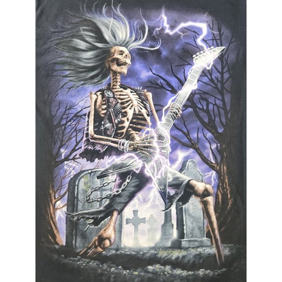 Fruit of the Loom Other - Y2K Cyber Shirt Mens Small Black Graphic Skull Tattoo Goth Metal Grunge Guitar